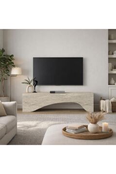 Mara LED'li Tv Sehpa & Ünitesi, Modern Tasarım, Kolay Kurulum Salon Mobilyası Traverten 150 cm