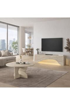 Mara LED'li Tv Sehpa & Ünitesi, Modern Tasarım, Kolay Kurulum Salon Mobilyası Traverten 150 cm