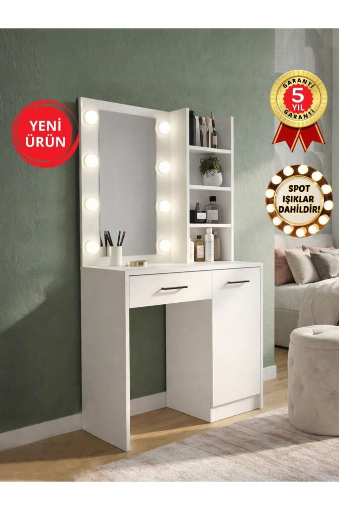 Rendos Işıklı Aynalı Holywood Makyaj Masası, Çekmeceli, Raflı & Dolaplı Makyaj Masası Beyaz