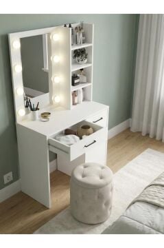 Rendos Işıklı Aynalı Holywood Makyaj Masası, Çekmeceli, Raflı & Dolaplı Makyaj Masası Beyaz