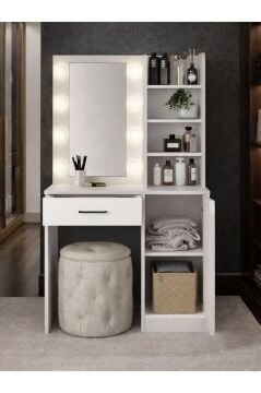 Rendos Işıklı Aynalı Holywood Makyaj Masası, Çekmeceli, Raflı & Dolaplı Makyaj Masası Beyaz