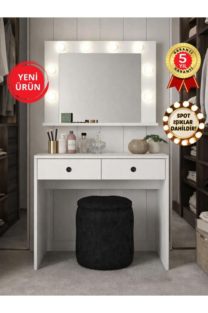Dorpek Apros Işıklı Aynalı Holywood Makyaj Masası, Takı Aksesuar Düzenleyici & Kulis Makyaj Masası Beyaz