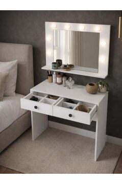 Dorpek Apros Işıklı Aynalı Holywood Makyaj Masası, Takı Aksesuar Düzenleyici & Kulis Makyaj Masası Beyaz