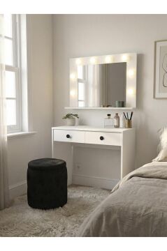 Dorpek Apros Işıklı Aynalı Holywood Makyaj Masası, Takı Aksesuar Düzenleyici & Kulis Makyaj Masası Beyaz
