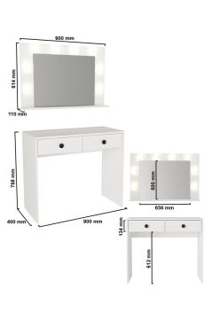 Dorpek Apros Işıklı Aynalı Holywood Makyaj Masası, Takı Aksesuar Düzenleyici & Kulis Makyaj Masası Beyaz