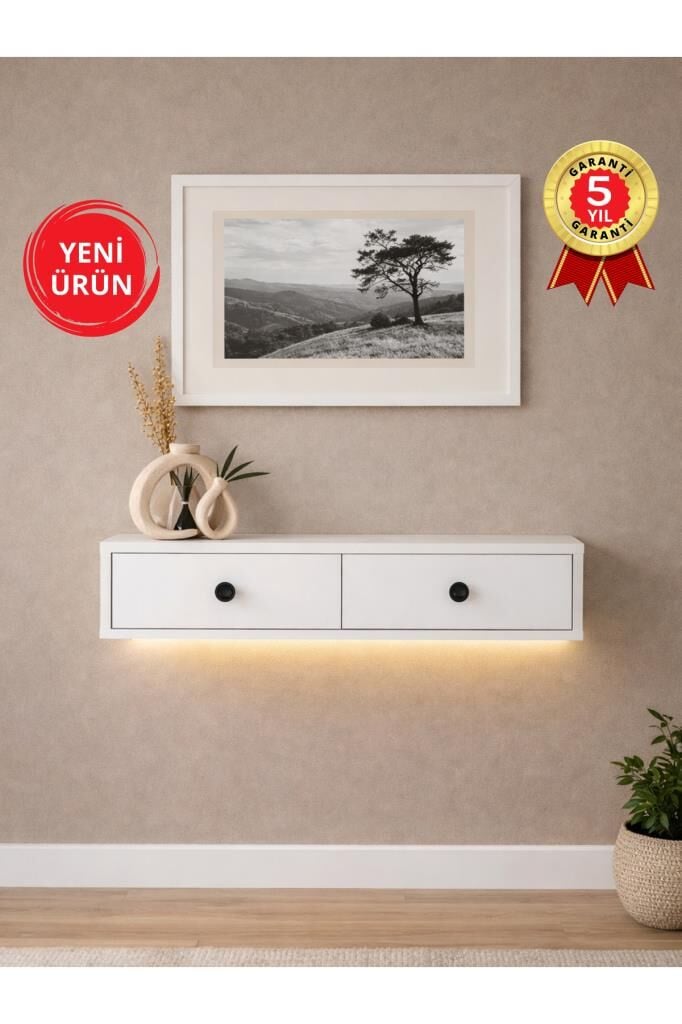 Dorpek Gellis Modern Duvara Monte 2 Kapaklı Ledli Beyaz Dresuar, Antre & Salon Mobilyası 90 cm