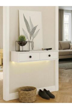 Dorpek Gellis Modern Duvara Monte 2 Kapaklı Ledli Beyaz Dresuar, Antre & Salon Mobilyası 90 cm