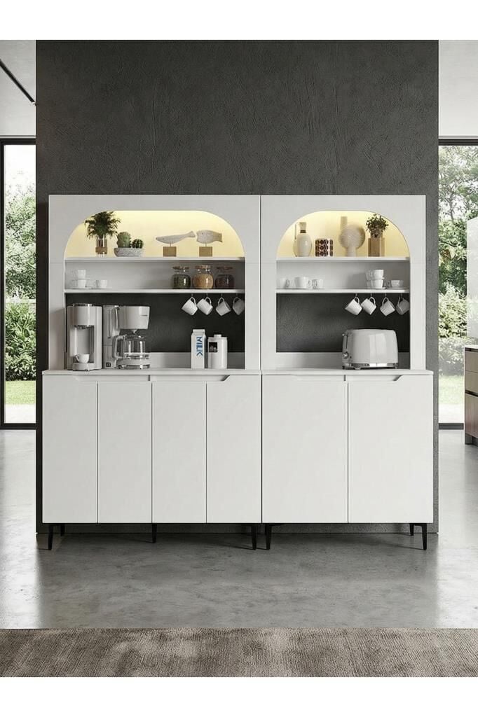 Dorpek Melinta 6 Kapaklı LED’li Mutfak Dolabı – Kahve Köşesi & Çok Amaçlı Dolap - 210 cm