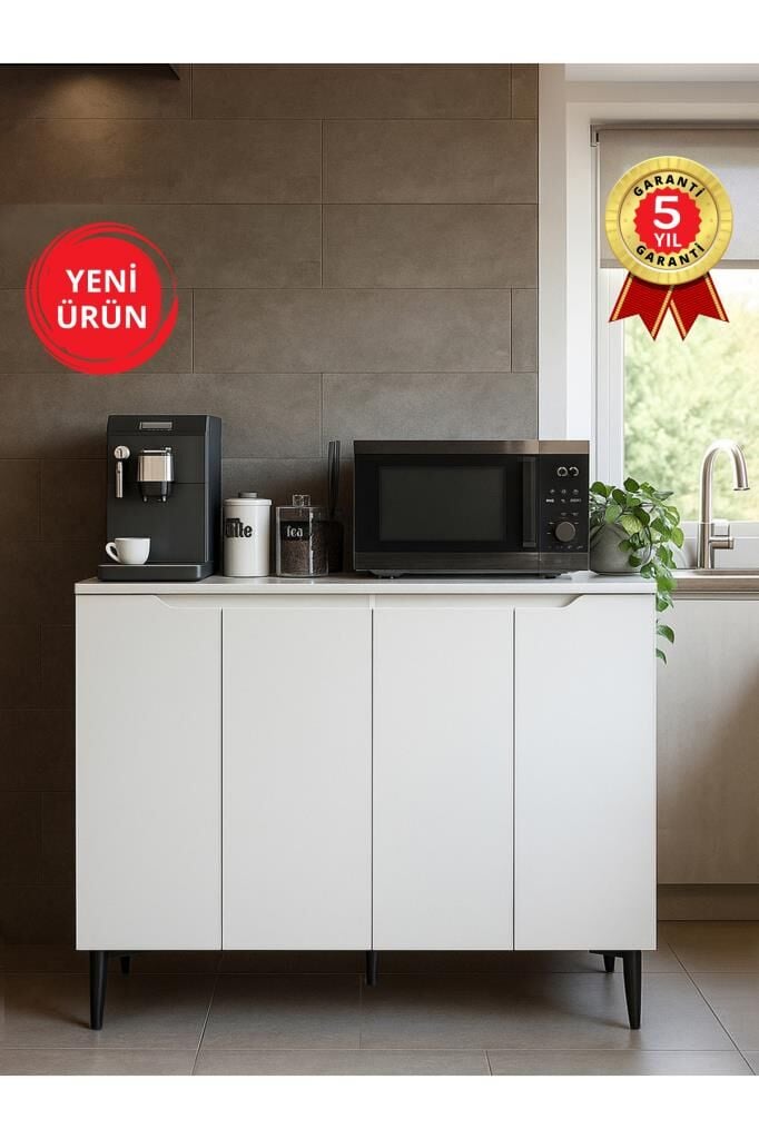 4 Kapaklı Çok Amaçlı Dolap, Erzak Dolabı, Kahve Köşesi Dolabı Kiler Dolabı 120 cm Beyaz | Olie