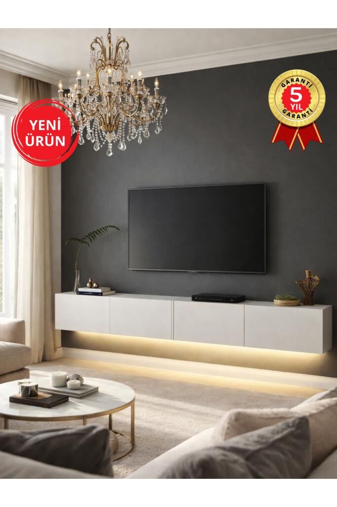 Dorpek Homeros LED'li Tv Sehpa & Ünitesi, Duvara Monte Tv Ünitesi Beyaz 240 cm