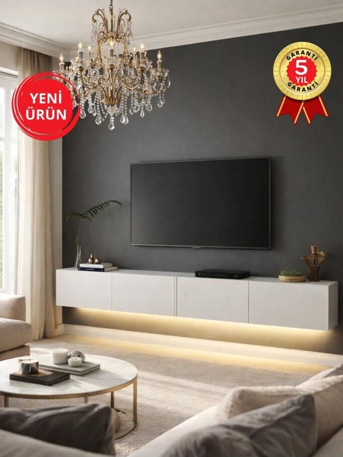 LED'li Tv Sehpa & Ünitesi, Duvara Monte Tv Ünitesi Beyaz 240 cm | Homeros