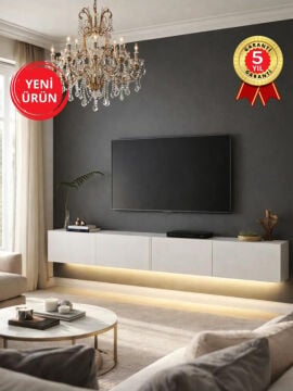 LED'li Tv Sehpa & Ünitesi, Duvara Monte Tv Ünitesi Beyaz 240 cm | Homeros