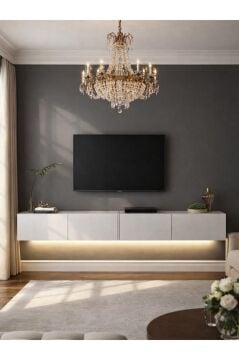 LED'li Tv Sehpa & Ünitesi, Duvara Monte Tv Ünitesi Beyaz 240 cm | Homeros