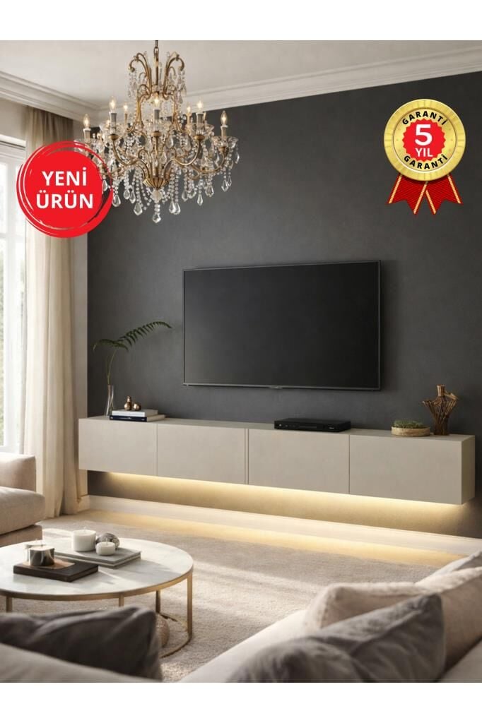 LED'li Tv Sehpa & Ünitesi, Duvara Monte Tv Ünitesi Kumtaşı 240 cm | Homeros