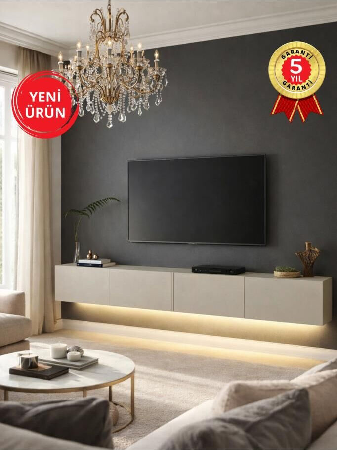 LED'li Tv Sehpa & Ünitesi, Duvara Monte Tv Ünitesi Kumtaşı 240 cm | Homeros