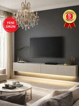 LED'li Tv Sehpa & Ünitesi, Duvara Monte Tv Ünitesi Kumtaşı 240 cm | Homeros