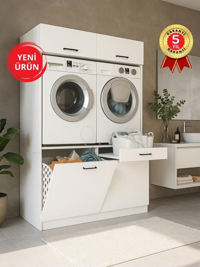 Dorpek Lipa Çamaşır Kurutma Makinesi Dolabı, Banyo Dolabı & Çamaşır Makinesi Kirli Sepeti | Beyaz