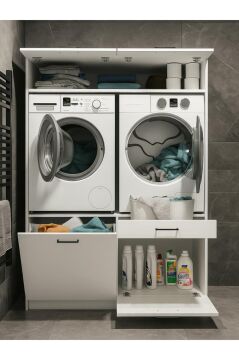 Dorpek Lipa Çamaşır Kurutma Makinesi Dolabı, Banyo Dolabı & Çamaşır Makinesi Kirli Sepeti | Beyaz