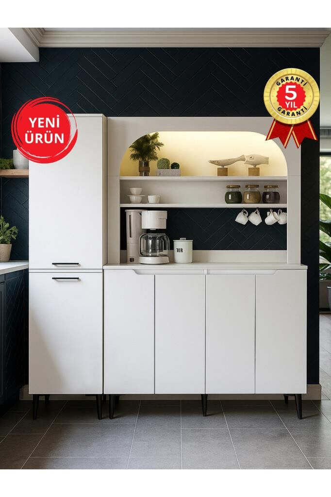 6 Kapaklı LED'li Kahve Köşesi, Mutfak Dolabı ve Kiler Mutfak Dolabı, Çok Amaçlı Dolap Beyaz 165 cm | Singa & Melinta