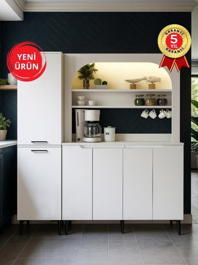 6 Kapaklı LED'li Kahve Köşesi, Mutfak Dolabı ve Kiler Mutfak Dolabı, Çok Amaçlı Dolap Beyaz 165 cm | Singa & Melinta