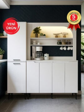 6 Kapaklı LED'li Kahve Köşesi, Mutfak Dolabı ve Kiler Mutfak Dolabı, Çok Amaçlı Dolap Beyaz 165 cm | Singa & Melinta