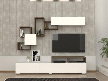 Dekorister Elit Beyaz Ceviz TV Ünitesi  / Modern Kapaklı ve Duvar Raflı TV Sehpası