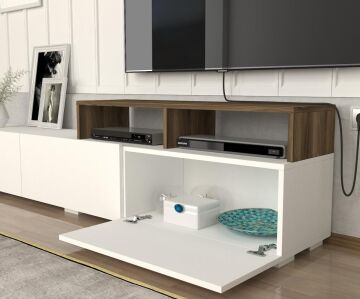 Dekorister Elit Beyaz Ceviz TV Ünitesi  / Modern Kapaklı ve Duvar Raflı TV Sehpası
