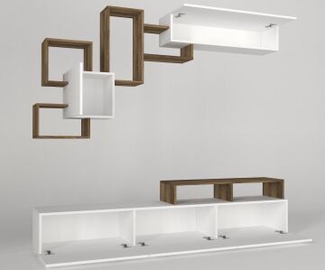 Dekorister Elit Beyaz Ceviz TV Ünitesi  / Modern Kapaklı ve Duvar Raflı TV Sehpası