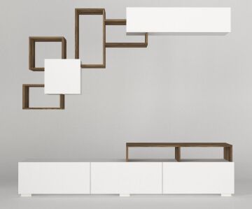 Dekorister Elit Beyaz Ceviz TV Ünitesi  / Modern Kapaklı ve Duvar Raflı TV Sehpası