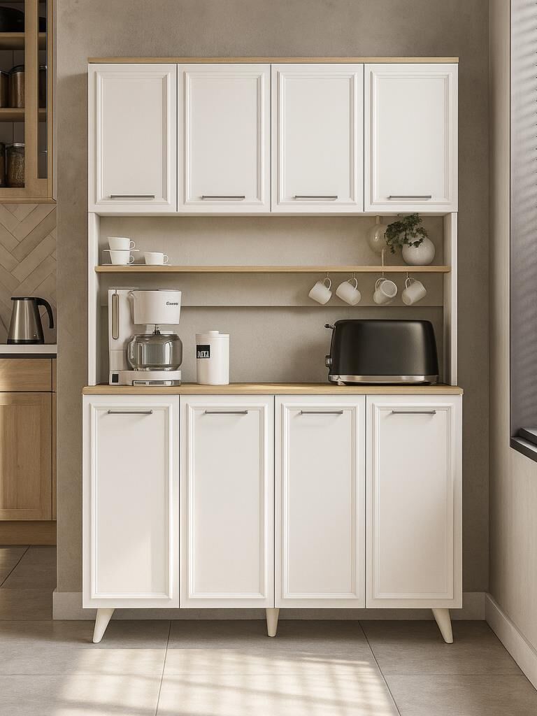 Potter 4 Kapaklı Mutfak Dolabı Kahve Köşesi Çok Amaçlı Dolap Beyaz - Rota 120 Cm