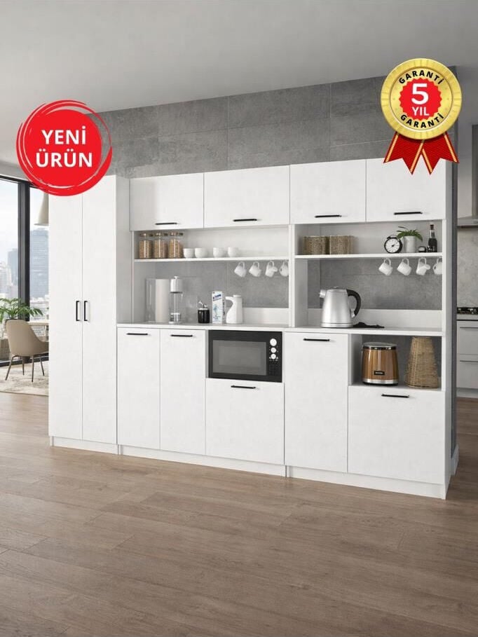 11 Kapaklı Kahve Köşesi, Çok Amaçlı Dolap Mutfak Dolabı, Kiler Erzak Dolabı Beyaz 277 cm | Tuco
