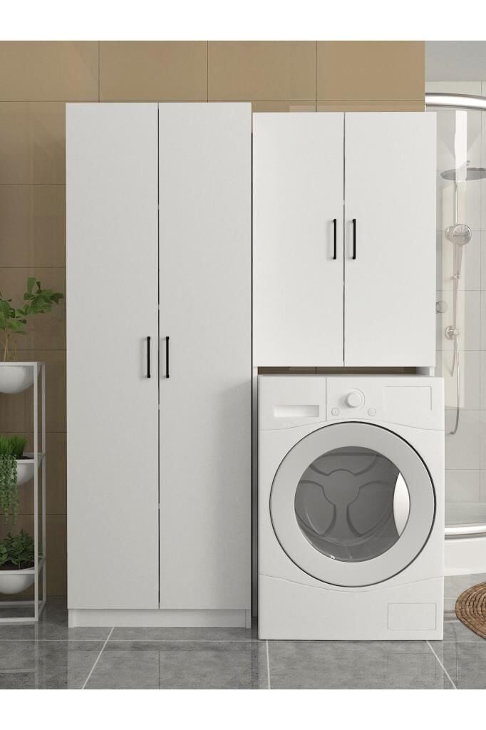 Ternos Çamaşır Makinesi Dolabı & Tuco 2 Kapaklı 5 Raflı Çok Amaçlı Dolap Kiler Dolabı Beyaz