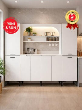 Dorpek Melinta 4 Kapaklı LED'li Mutfak Dolabı & 2*Singa Sepetli Çok Amaçlı Dolap Beyaz