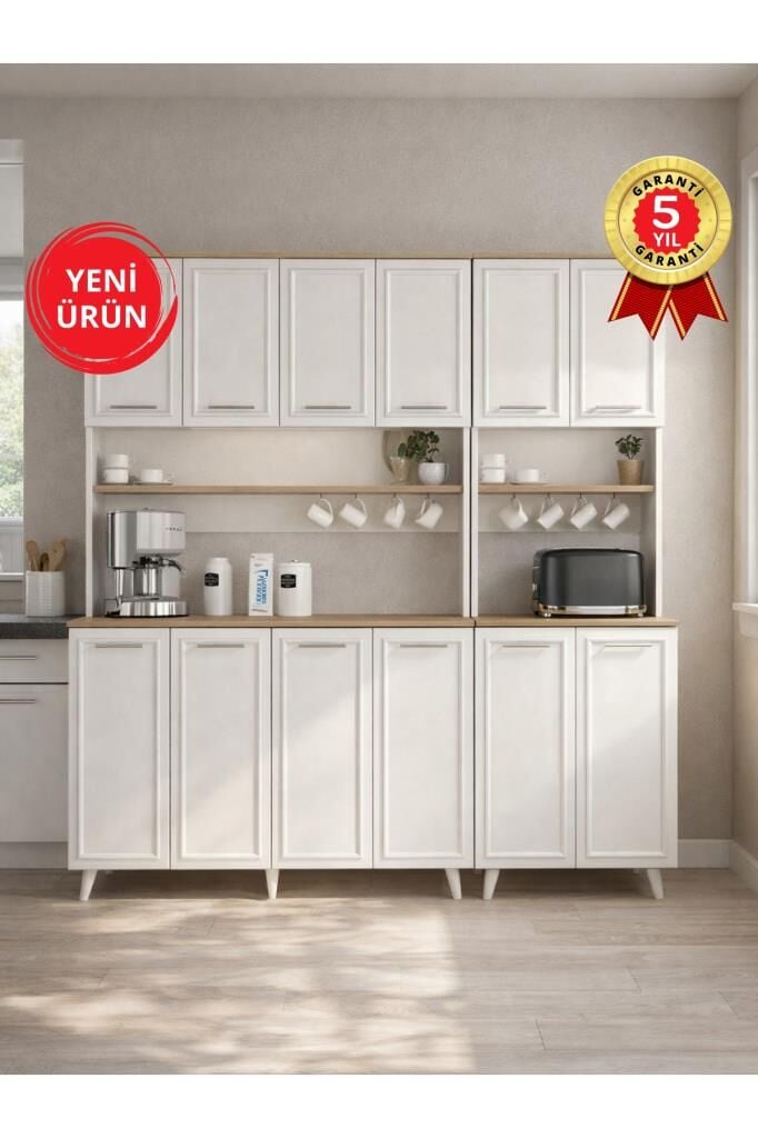 12 Kapaklı Kahve Köşesi Mutfak Dolabı, Çok Amaçlı Dolap Beyaz 180 cm | Potter