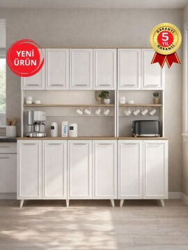 12 Kapaklı Kahve Köşesi Mutfak Dolabı, Çok Amaçlı Dolap Beyaz 180 cm | Potter