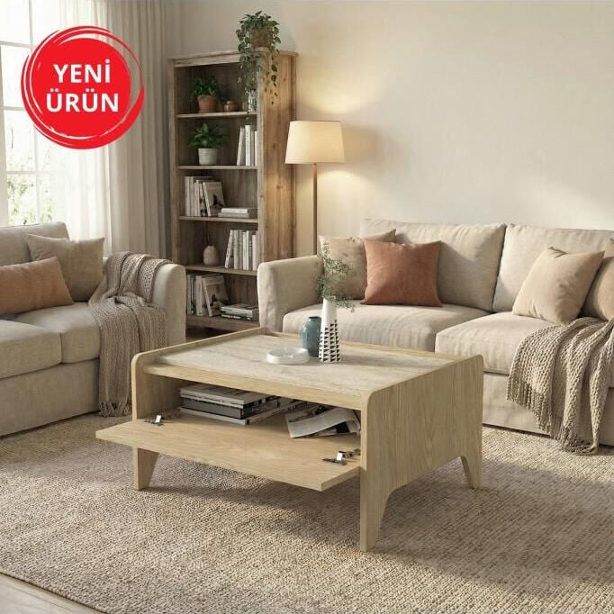 Norvic Bölmeli Düşer Kapaklı Modern Orta Sehpa, Salon & Oturma Odası Mobilyası Rota-Traverten
