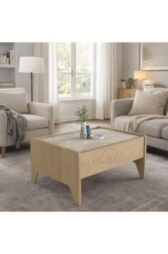 Norvic Bölmeli Düşer Kapaklı Modern Orta Sehpa, Salon & Oturma Odası Mobilyası Rota-Traverten