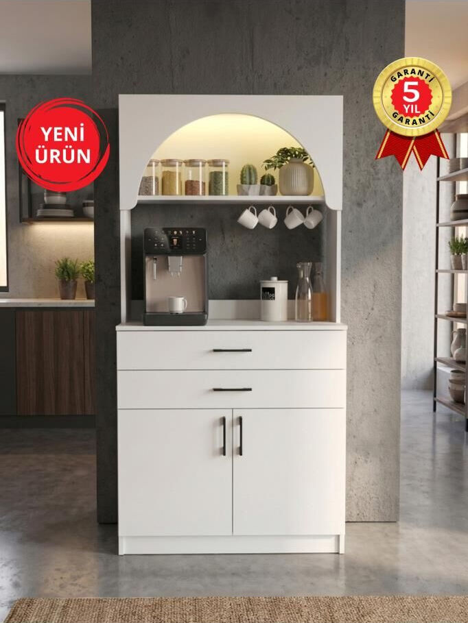Kapaklı Çekmeceli LED’li Mutfak Dolabı – Kahve Köşesi Çok Amaçlı Dolap Beyaz 90 cm | Sardes