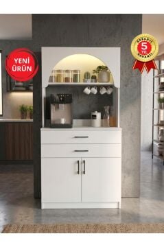Kapaklı Çekmeceli LED’li Mutfak Dolabı – Kahve Köşesi Çok Amaçlı Dolap Beyaz 90 cm | Sardes
