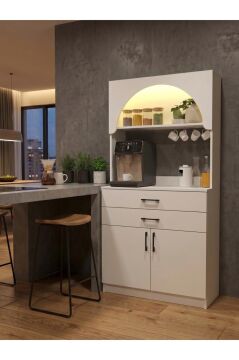 Kapaklı Çekmeceli LED’li Mutfak Dolabı – Kahve Köşesi Çok Amaçlı Dolap Beyaz 90 cm | Sardes