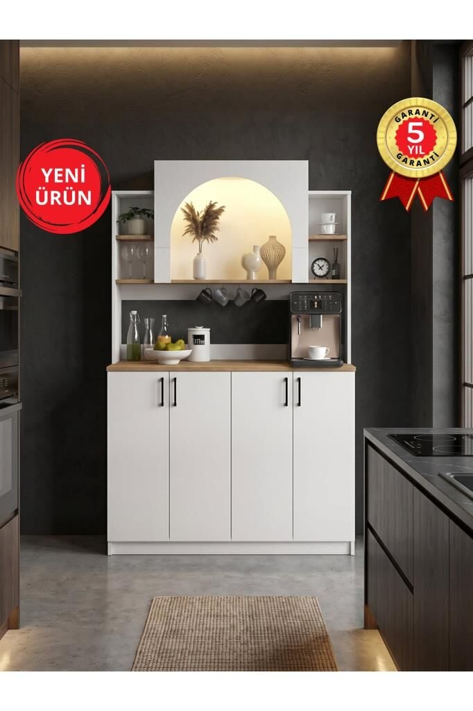 4 Kapaklı LED’li Mutfak Dolabı – Kahve Köşesi Çok Amaçlı Dolap Beyaz 120 cm | Afrodis