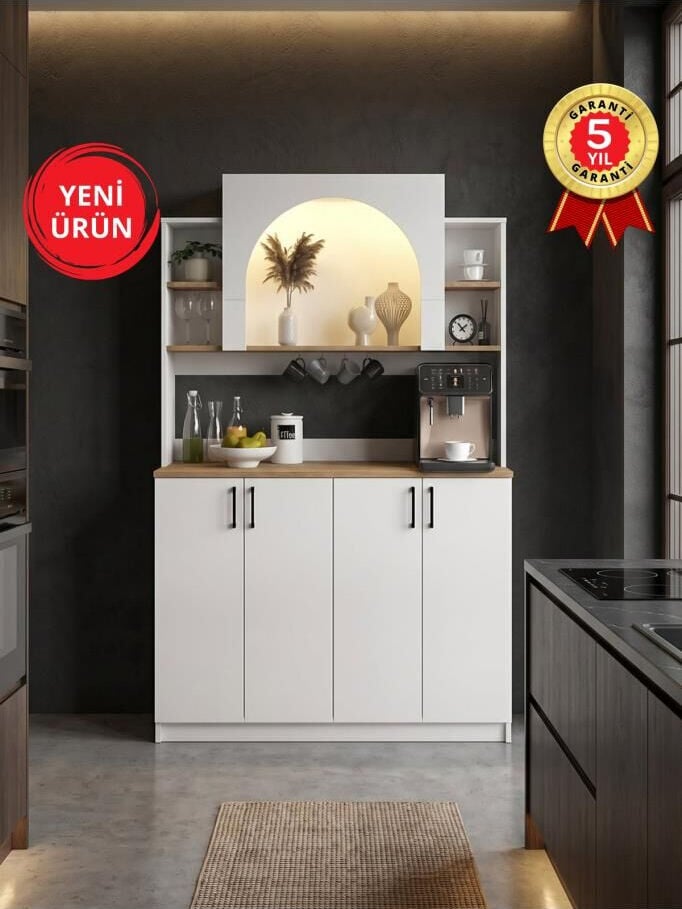 4 Kapaklı LED’li Mutfak Dolabı – Kahve Köşesi Çok Amaçlı Dolap Beyaz 120 cm | Afrodis