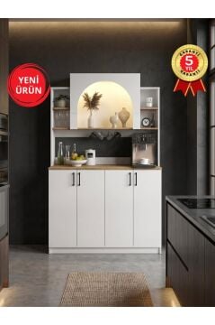 4 Kapaklı LED’li Mutfak Dolabı – Kahve Köşesi Çok Amaçlı Dolap Beyaz 120 cm | Afrodis