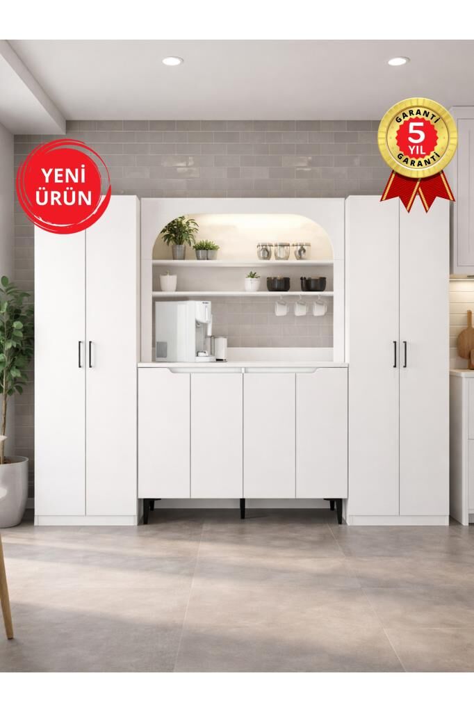 Melinta 4 Kapaklı LED'li Mutfak Dolabı & Tuco 2*2 Kapaklı 5 Raflı Çok Amaçlı Dolap Kahve Köşesi