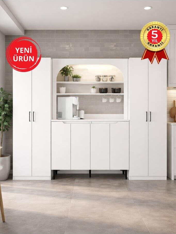 8 Kapaklı LED'li Kahve Köşesi, Mutfak Dolabı ve Kiler Mutfak Dolabı Çok Amaçlı Dolap Beyaz 247 cm | Tuco & Melinta