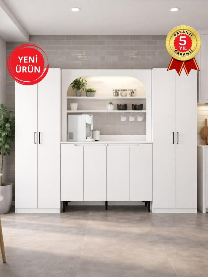 8 Kapaklı LED'li Kahve Köşesi, Mutfak Dolabı ve Kiler Mutfak Dolabı Çok Amaçlı Dolap Beyaz 247 cm | Tuco & Melinta
