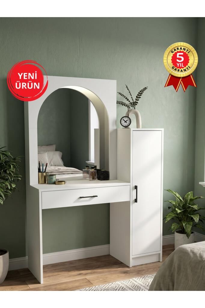 LED Işıklı Makyaj Masası, Çekmeceli Makyaj Masası Organizeri, Takı Aksesuar Düzenleyici, Raflı Dolaplı Makyaj Masası Beyaz | Simirna