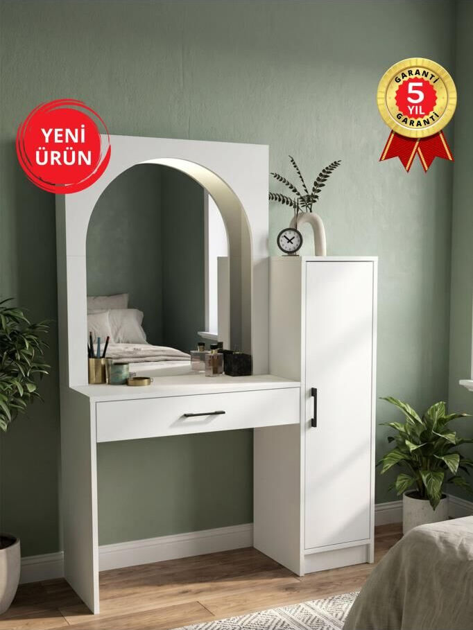 LED Işıklı Makyaj Masası, Çekmeceli Makyaj Masası Organizeri, Takı Aksesuar Düzenleyici, Raflı Dolaplı Makyaj Masası Beyaz | Simirna