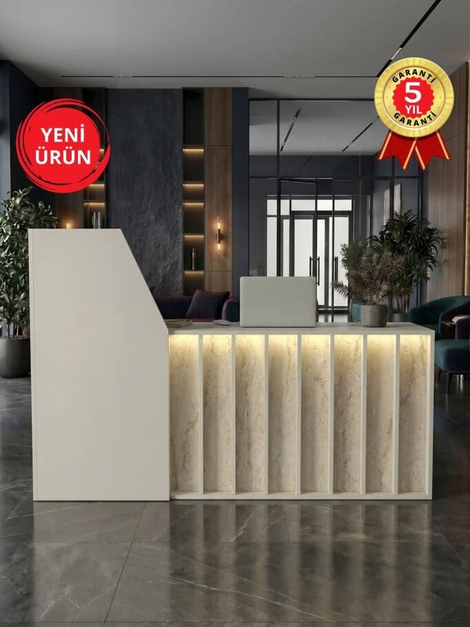 Ledli Karşılama Bankosu 182 cm Ofis Kasa Resepsiyon Masası, Raflı ve Çekmeceli, Sepet - Traverten | Zeugma