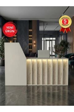 Ledli Karşılama Bankosu 182 cm Ofis Kasa Resepsiyon Masası, Raflı ve Çekmeceli, Sepet - Traverten | Zeugma